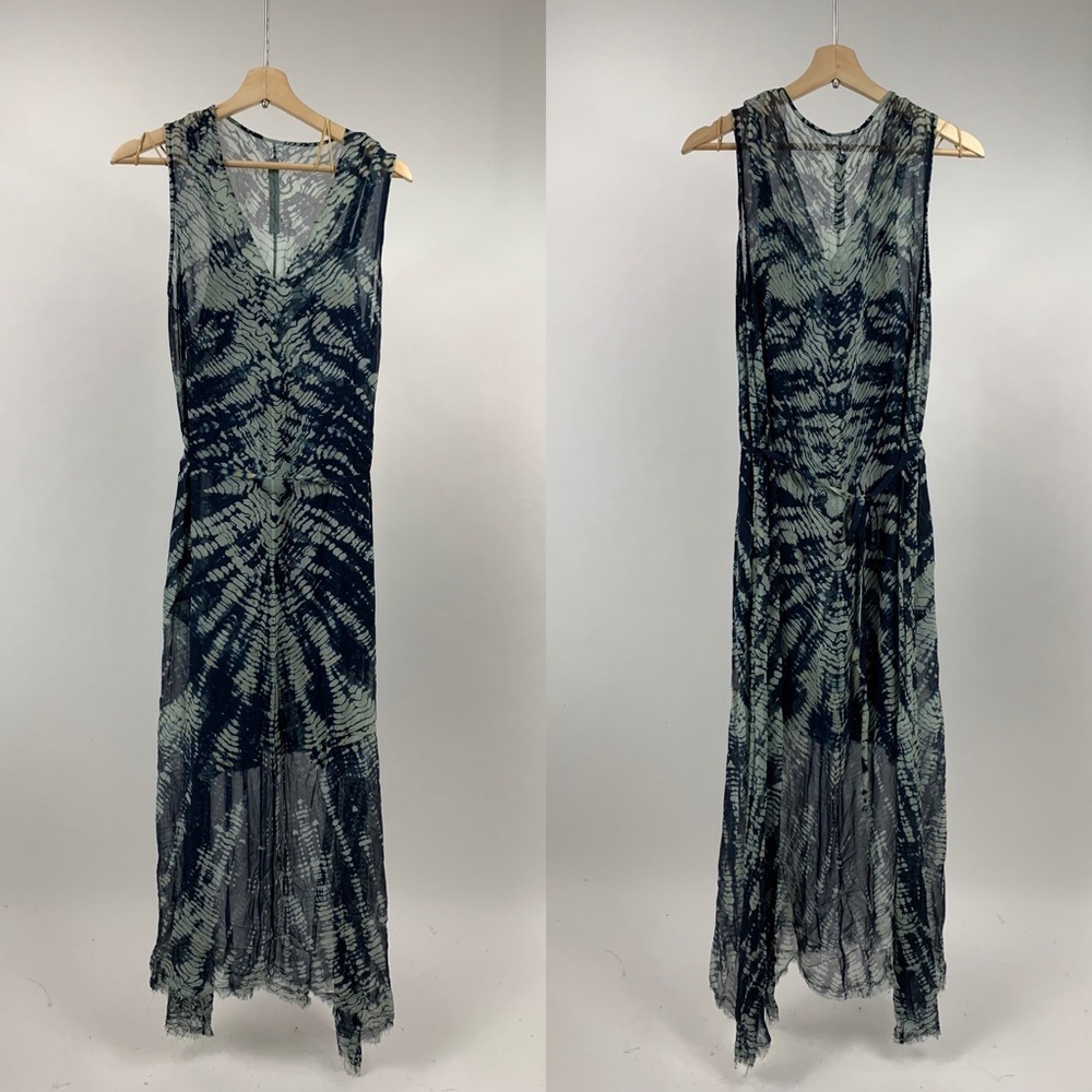RAQUEL ALLEGRA Mist and Navy Tie Dye Maxi Sheer Silk Tie Waist V-neck Dress 0 - Picture 2 of 12